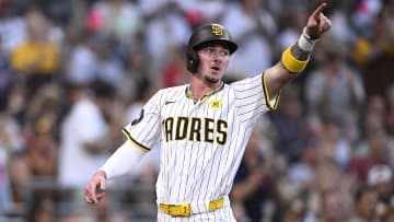 Aug 20, 2024; San Diego, California, USA; San Diego Padres center fielder Jackson Merrill (3) gestures after scoring a run against the Minnesota Twins during the second inning at Petco Park. Mandatory Credit: Orlando Ramirez-USA TODAY Sports