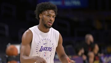 Dec 8, 2024; Los Angeles, California, USA;  Los Angeles Lakers guard Bronny James (9) warms up prior to the game against the Portland Trail Blazers at Crypto.com Arena. Mandatory Credit: Jayne Kamin-Oncea-Imagn Images