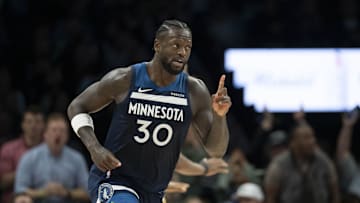 Nov 19, 2025; Minneapolis, Minnesota, USA; Minnesota Timberwolves forward Julius Randle (30) celebrates making a shot against the Washington Wizards in the second half at Target Center. Mandatory Credit: Jesse Johnson-Imagn Images