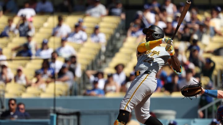 Pittsburgh Pirates designated hitter Andrew McCutchen (22) hits a game tying 2-run home run during the eighth inning against the Los Angeles Dodgers at Dodger Stadium on Aug 11.