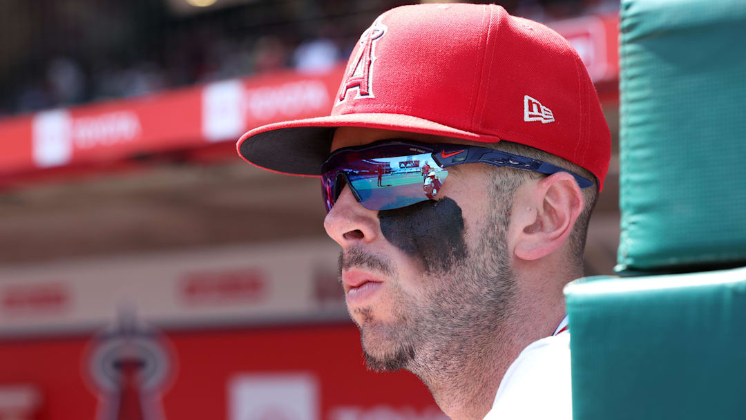 Sep 10, 2025; Anaheim, California, USA; Los Angeles Angels shortstop Zach Neto (9) looks on before the game against the Minnesota Twins at Angel Stadium. Mandatory Credit: Kiyoshi Mio-Imagn Images