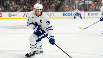 Nov 3, 2024; Saint Paul, Minnesota, USA; Toronto Maple Leafs center Auston Matthews (34) carries the puck during the first period against the Minnesota Wild at Xcel Energy Center. Mandatory Credit: Brace Hemmelgarn-Imagn Images