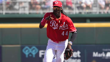Feb 24, 2025; Goodyear, Arizona, USA; Cincinnati Reds shortstop Elly De La Cruz (44) reacts after a double play during the second inning of the game against the Los Angeles Dodgers at Goodyear Ballpark. Mandatory Credit: Joe Camporeale-Imagn Images