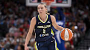 Aug 1, 2025; Dallas, Texas, USA; Dallas Wings guard Paige Bueckers (5) in action during the game between the Dallas Wings and the Indiana Fever at the American Airlines Center. Mandatory Credit: Jerome Miron-Imagn Images