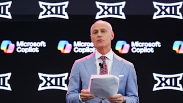 Jul 8, 2025; Frisco, TX, USA; Big 12 Commissioner Brett Yormark addresses the media during the 2025 Big 12 Football Media Days at The Star. Mandatory Credit: Raymond Carlin III-Imagn Images
