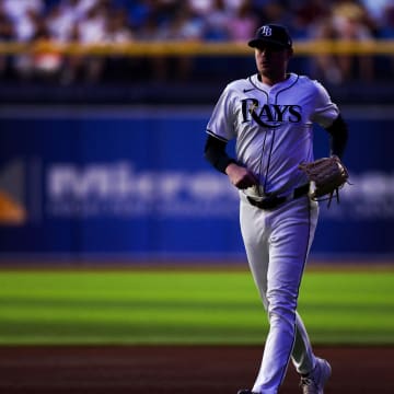 Jul 11, 2024; St. Petersburg, Florida, USA; Tampa Bay Rays pitcher Pete Fairbanks (29) enters the game against the New York Yankees in the ninth inning at Tropicana Field.