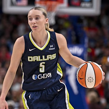 Aug 1, 2025; Dallas, Texas, USA; Dallas Wings guard Paige Bueckers (5) in action during the game between the Dallas Wings and the Indiana Fever at the American Airlines Center. Mandatory Credit: Jerome Miron-Imagn Images