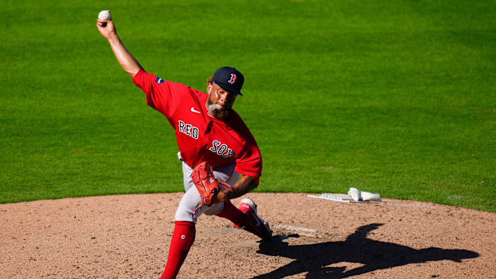 Mar 1, 2023; West Palm Beach, Florida, USA; Boston Red Sox pitcher Luis Guerrero (80) throws against the Houston Astros during the ninth inning at The Ballpark of the Palm Beaches. Mandatory Credit: Rich Storry-USA TODAY Sports