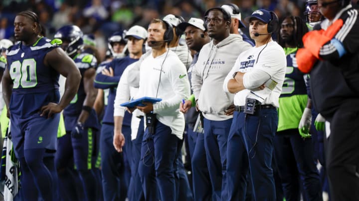 Aug 24, 2024; Seattle, Washington, USA; Seattle Seahawks head coach Mike Macdonald stands on the sideline during the third quarter against the Cleveland Browns at Lumen Field.