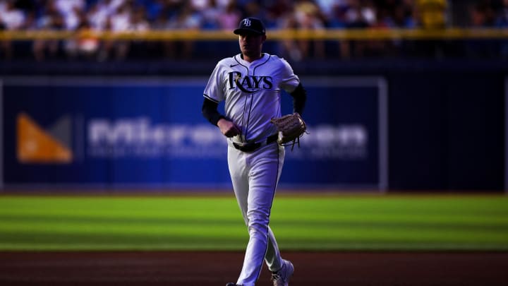 Jul 11, 2024; St. Petersburg, Florida, USA; Tampa Bay Rays pitcher Pete Fairbanks (29) enters the game against the New York Yankees in the ninth inning at Tropicana Field.