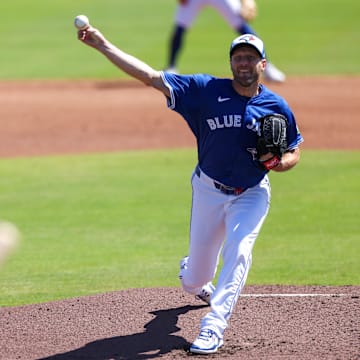 Dunedin, Florida, USA; Toronto Blue Jays pitcher Max Scherzer (31) throws a pitch against the Philadelphia Phillies in the second inning during spring training at TD Ballpark.
