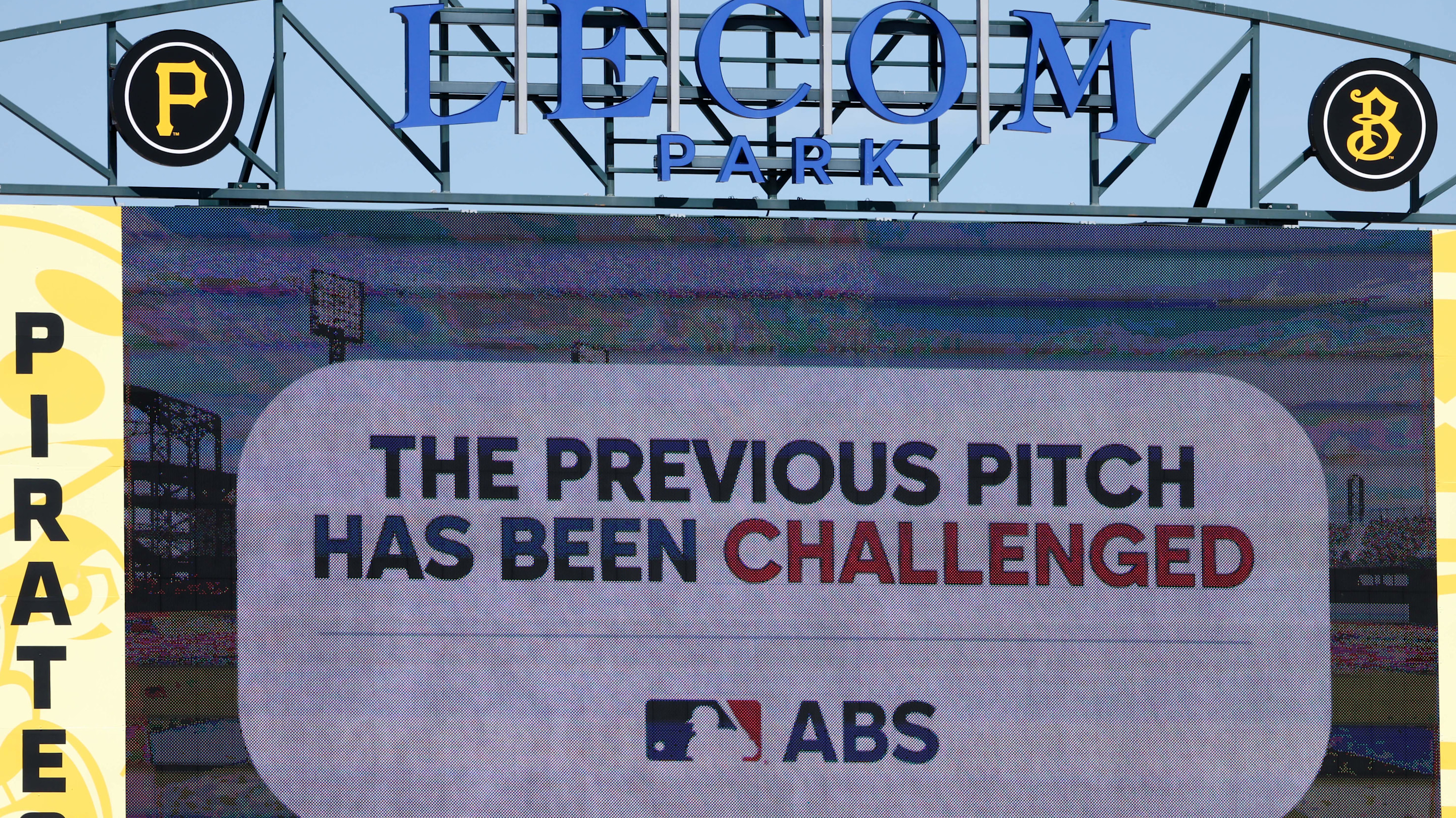 Mar 7, 2025; Bradenton, Florida, USA; a pitch was challenged during a spring training game between the Pittsburgh Pirates and Philadelphia Phillies at LECOM Park. Mandatory Credit: Nathan Ray Seebeck-Imagn Images