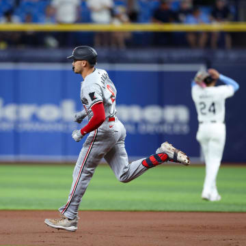 Sep 2, 2024; St. Petersburg, Florida, USA; -Minnesota Twins outfielder Trevor Larnach (9) runs the bases after hitting a three-run home run against the Tampa Bay Rays in the second inning at Tropicana Field. Mandatory Credit: Nathan Ray Seebeck-USA TODAY Sports