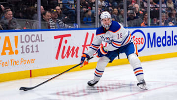 Edmonton Oilers forward Zach Hyman (18) handles the puck at Rogers Arena. Mandatory Credit: Bob Frid-Imagn Images