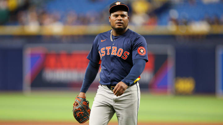 Aug 12, 2024; St. Petersburg, Florida, USA; Houston Astros pitcher Framber Valdez (59) walks off the field after pitching against the Tampa Bay Rays in the second inning at Tropicana Field.