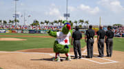 Clearwater, Florida, USA;  Philadelphia Phillies Phanatic entertains the fans before a game against the Toronto Blue Jays during spring training at BayCare Ballpark.