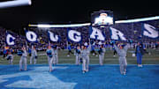 Nov 16, 2024; Provo, Utah, USA; The Brigham Young Cougars Cougarettes perform before the fourth quarter of the game against the Kansas Jayhawks at LaVell Edwards Stadium. Mandatory Credit: Rob Gray-Imagn Images