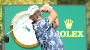 Patrick Reed plays the first tee during a practice round for the U.S. Open golf tournament at Oakmont Country Club
