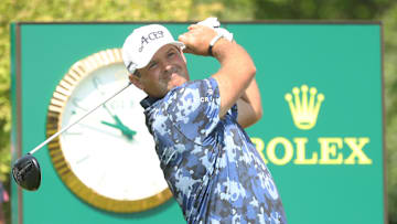 Patrick Reed plays the first tee during a practice round for the U.S. Open golf tournament at Oakmont Country Club
