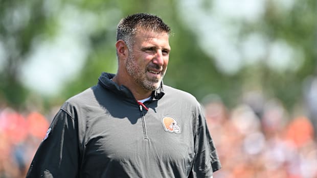 Aug 4, 2024; Cleveland Browns advisor Mike Vrabel during practice at the Browns training facility in Berea, Ohio. 