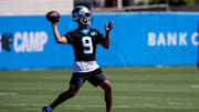 Jul 23, 2025; Charlotte, NC, USA; Carolina Panthers quarterback Bryce Young (9) throw the ball during Panthers Training Camp. Mandatory Credit: Scott Kinser-Imagn Images
