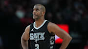 San Antonio Spurs point guard Chris Paul reacts to a play.