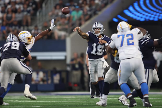 Dallas Cowboys quarterback Trey Lance throws a pass against the Los Angeles Chargers