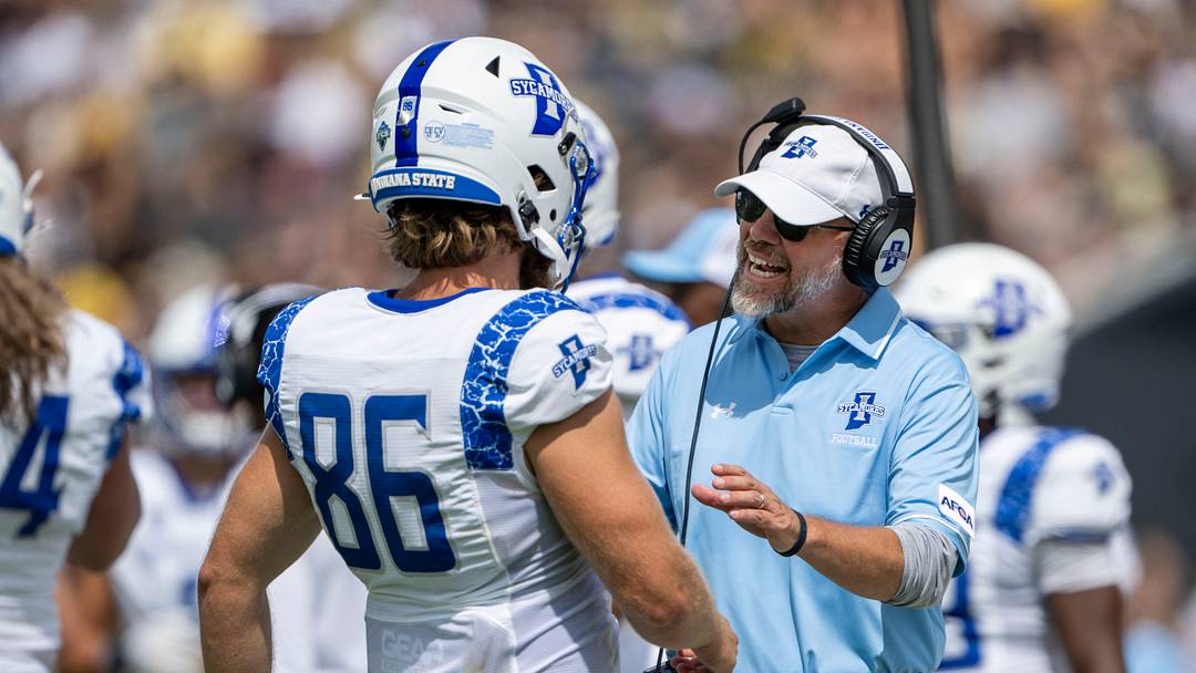 Aug 31, 2024; West Lafayette, Indiana, USA; Indiana State Sycamores head coach Curt Mallory has a word with long snapper Triston O'Brien (86) during the second quarter at Ross-Ade Stadium. Mandatory Credit: Marc Lebryk-USA TODAY Sports Aug 31, 2024; West Lafayette, Indiana, USA; Indiana State Sycamores head coach Curt Mallory has a word with long snapper Triston O'Brien (86) during the second quarter at Ross-Ade Stadium. Mandatory Credit: Marc Lebryk-USA TODAY Sports