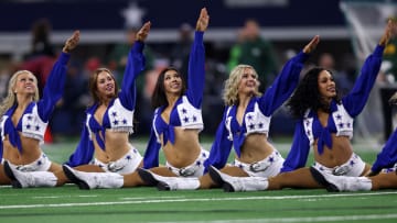 Jan 14, 2024; Arlington, Texas, USA; The Dallas Cowboys cheerleaders perform in a 2024 NFC wild card game against the Green Bay Packers at AT&T Stadium. 