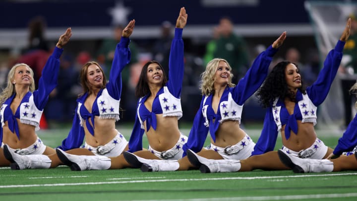 Jan 14, 2024; Arlington, Texas, USA; The Dallas Cowboys cheerleaders perform in a 2024 NFC wild card game against the Green Bay Packers at AT&T Stadium. 