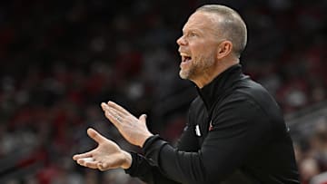 Nov 26, 2025; Louisville, Kentucky, USA;  Louisville Cardinals head coach Pat Kelsey reacts during the first half against the NJIT Highlanders at KFC Yum! Center. Mandatory Credit: Jamie Rhodes-Imagn Images
