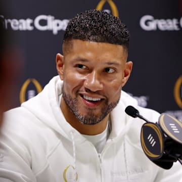Jan 18, 2025; Atlanta, GA, USA; Notre Dame Fighting Irish head coach Marcus Freeman talks to the media during 2025 CFP National Championship Media Day at Georgia World Congress Center, Building A. 