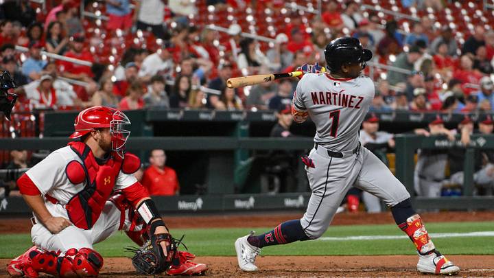 Apr 13, 2026: Cleveland Guardians right fielder Angel Martínez (1) hits a single against the St. Louis Cardinals during the fifth inning at Busch Stadium. 