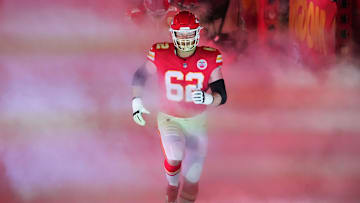 Nov 4, 2024; Kansas City, Missouri, USA; Kansas City Chiefs guard Joe Thuney (62) is introduced against the Tampa Bay Buccaneers prior to a game at GEHA Field at Arrowhead Stadium. Mandatory Credit: Denny Medley-Imagn Images