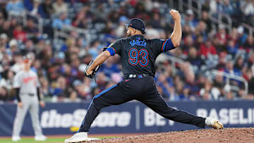 Mar 28, 2025; Toronto, Ontario, CAN; Toronto Blue Jays relief pitcher Yimi Garcia (93) throws a pitch against the Baltimore Orioles during the sixth inning at Rogers Centre.