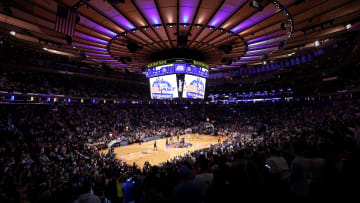 Mar 16, 2024; New York City, NY, USA; General view of tip-off between the Connecticut Huskies and the Marquette Golden Eagles during the first half at Madison Square Garden. Mandatory Credit: Brad Penner-USA TODAY Sports
