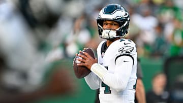 Aug 22, 2025; East Rutherford, New Jersey, USA; Philadelphia Eagles quarterback Dorian Thompson-Robinson (14) warms up before the game against the New York Jets at MetLife Stadium. Mandatory Credit: Mark Smith-Imagn Images