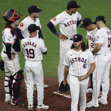 Sep 10, 2024; Houston, Texas, USA; Houston Astros starting pitcher Spencer Arrighetti (41) comes out of the game against the Oakland Athletics in the seventh inning at Minute Maid Park.