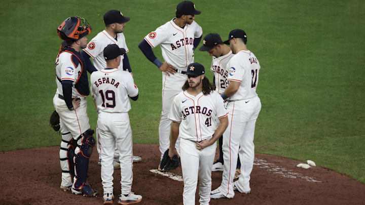 Sep 10, 2024; Houston, Texas, USA; Houston Astros starting pitcher Spencer Arrighetti (41) comes out of the game against the Oakland Athletics in the seventh inning at Minute Maid Park.