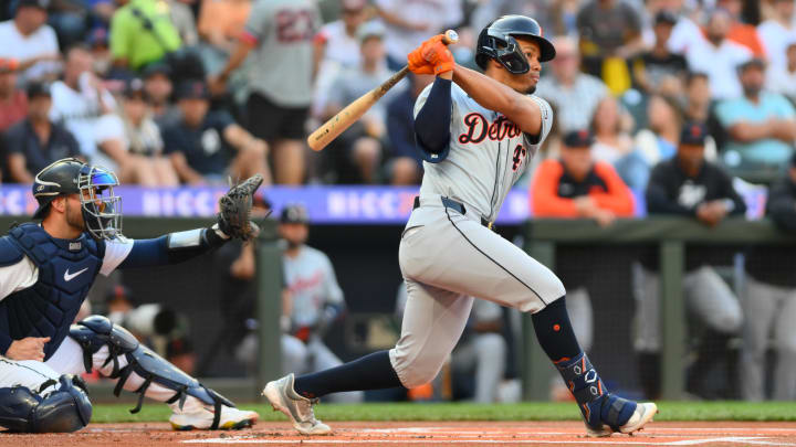 Aug 7, 2024; Seattle, Washington, USA; Detroit Tigers right fielder Wenceel Perez (46) hits a home run against the Seattle Mariners during the first inning at T-Mobile Park.