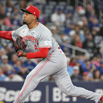Aug 19, 2024; Toronto, Ontario, CAN; Cincinnati Reds relief pitcher Alexis Diaz (43) delivers a pitch against the Toronto Blue Jays in the ninth inning at Rogers Centre. Mandatory Credit: Dan Hamilton-Imagn Images