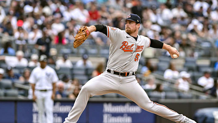Jul 4, 2023; Bronx, New York, USA; Baltimore Orioles relief pitcher Bruce Zimmerman (50) pitches against the New York Yankees during the eighth inning at Yankee Stadium. Mandatory Credit: John Jones-Imagn Images