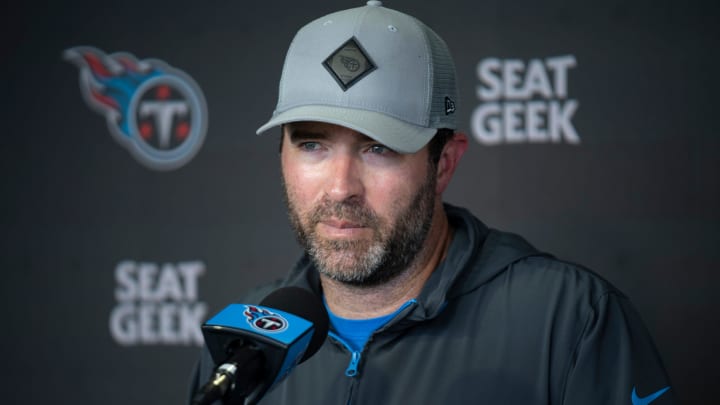 Tennessee Titans Head Coach Brian Callahan fields questions from the media after practice at Ascension Saint Thomas Sports Park in Nashville, Tenn., Thursday, Aug. 15, 2024. This is the second day of the Titans joint practice with the Seattle Seahawks.