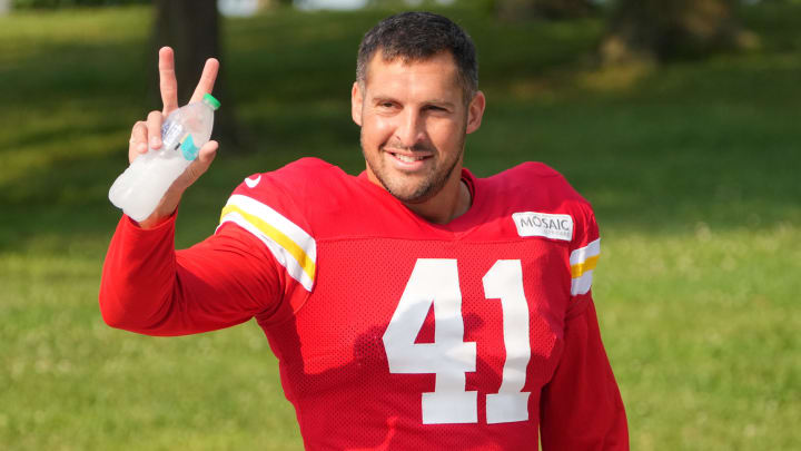 Jul 26, 2024; Kansas City, MO, USA; Kansas City Chiefs long snapper James Winchester (41) walks from the locker room to the fields prior to training camp at Missouri Western State University. Mandatory Credit: Denny Medley-USA TODAY Sports