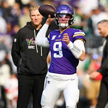 Oct 19, 2025; Minneapolis, Minnesota, USA; Minnesota Vikings quarterback J.J. McCarthy (9) throws a pass during warm ups before the game against the Philadelphia Eagles at U.S. Bank Stadium.