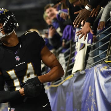 Oct 9, 2022; Baltimore, Maryland, USA;  Baltimore Ravens safety Kyle Hamilton (14) before the game against the Cincinnati Bengals at M&T Bank Stadium. Mandatory Credit: Tommy Gilligan-USA TODAY Sports
