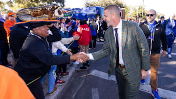 Florida Gators head coach Billy Napier participates in Gator Walk at Ben Hill Griffin Stadium in Gainesville, FL on Saturday, November 23, 2024 before the game against the University of Mississippi. [Doug Engle/Gainesville Sun]