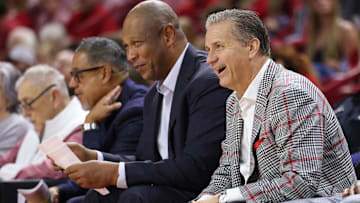 Nov 21, 2025; Fayetteville, Arkansas, USA; Arkansas Razorbacks head coach John Calipari reacts after a play in the second half against the Jackson State Tigers at Bud Walton Arena. Arkansas won 115-61. Mandatory Credit: Nelson Chenault-Imagn Images