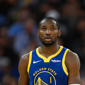 Nov 4, 2025; San Francisco, California, USA; Golden State Warriors forward Jonathan Kuminga (1) looks on against the Phoenix Suns in the third quarter at Chase Center. Mandatory Credit: Eakin Howard-Imagn Images