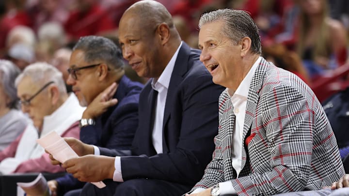 Nov 21, 2025; Fayetteville, Arkansas, USA; Arkansas Razorbacks head coach John Calipari reacts after a play in the second half against the Jackson State Tigers at Bud Walton Arena. Arkansas won 115-61. Mandatory Credit: Nelson Chenault-Imagn Images